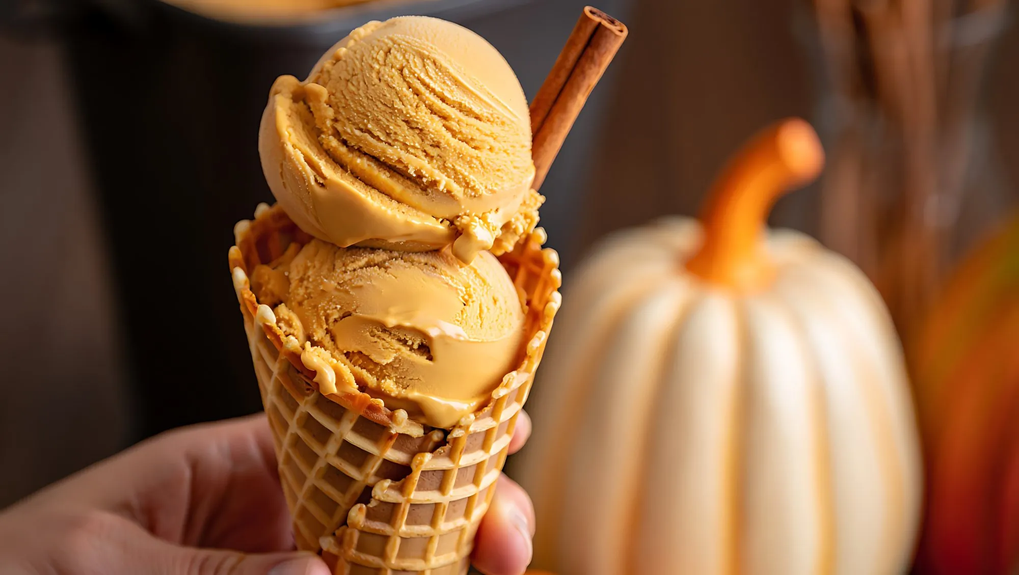 A waffle cone with two scoops of ice cream next to a small pumpkin