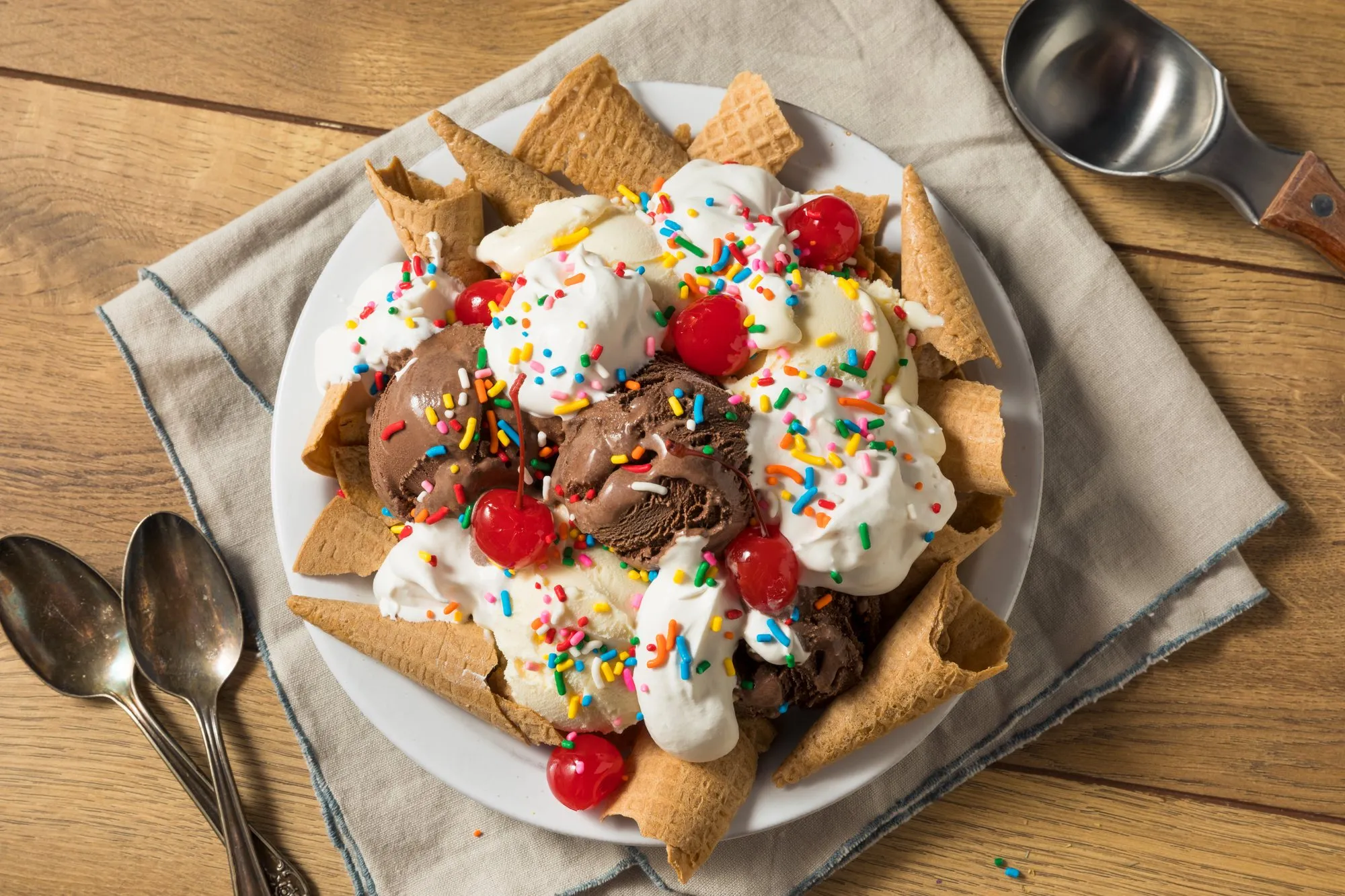 Ice cream nachos: waffle chips topped with ice cream, sprinkles and cherries