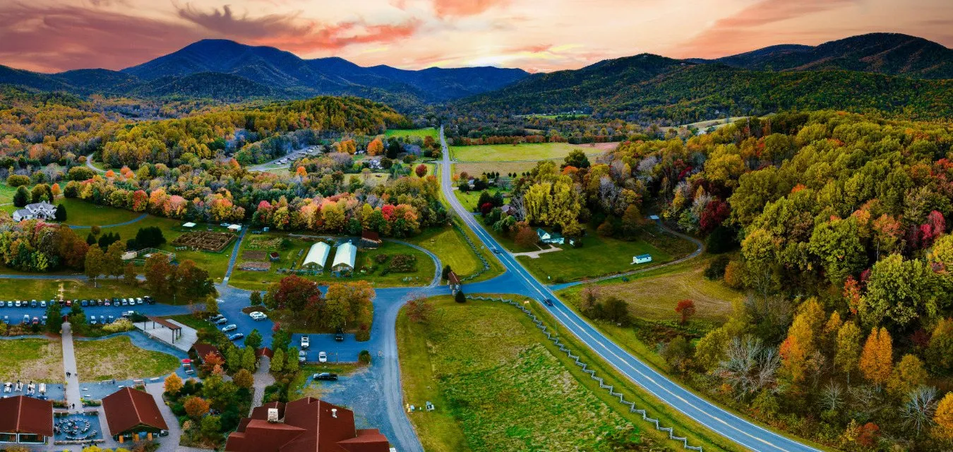 Aerial view of Lovingston and Route 29 with the Blue Ridge Mountains behind