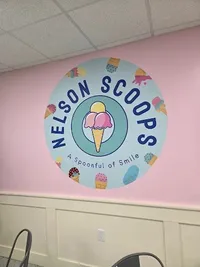 The Nelson Scoops logo on the pink wall inside the shop
